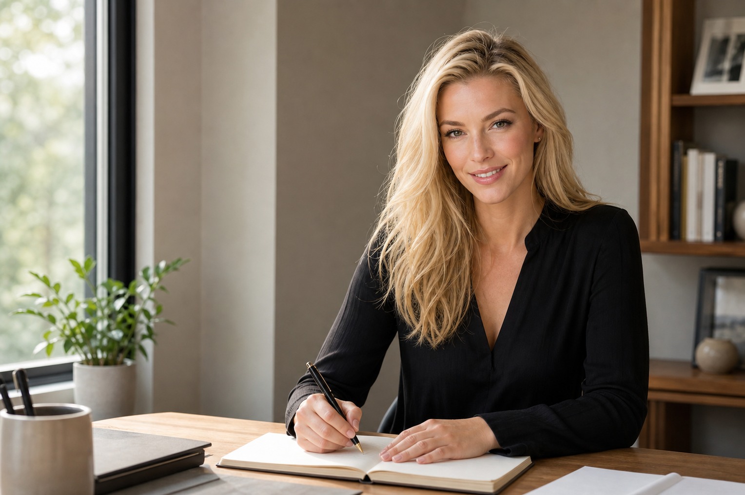 Nicole Junkerman writing a short note at a tidy desk by a window